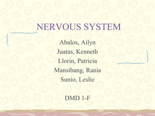 NERVOUS SYSTEM Abalos, Ailyn Juatas, Kenneth Llorin, Patricia Mansibang, Rania Sunio, Leslie DMD 1-F 