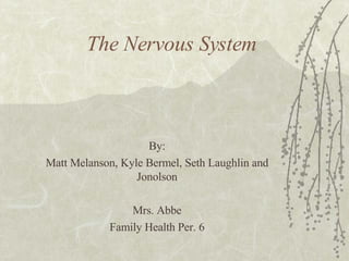 The Nervous System By: Matt Melanson, Kyle Bermel, Seth Laughlin and Jonolson Mrs. Abbe Family Health Per. 6 