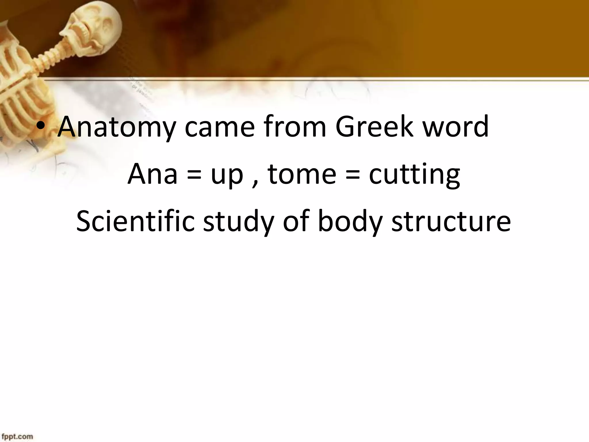• Anatomy came from Greek word
Ana = up , tome = cutting
Scientific study of body structure
 