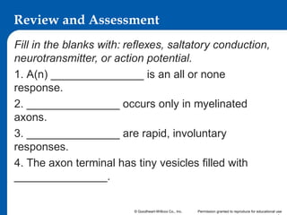 Review and Assessment
Fill in the blanks with: reflexes, saltatory conduction,
neurotransmitter, or action potential.
1. A(n) _______________ is an all or none
response.
2. _______________ occurs only in myelinated
axons.
3. _______________ are rapid, involuntary
responses.
4. The axon terminal has tiny vesicles filled with
_______________.
© Goodheart-Willcox Co., Inc.

Permission granted to reproduce for educational use

 