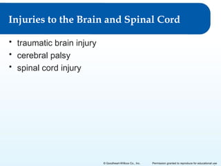 Injuries to the Brain and Spinal Cord
• traumatic brain injury
• cerebral palsy
• spinal cord injury

© Goodheart-Willcox Co., Inc.

Permission granted to reproduce for educational use

 