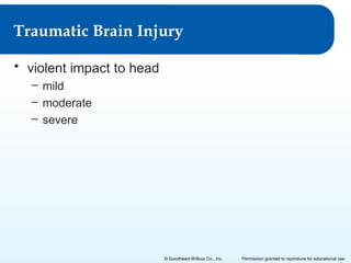 Traumatic Brain Injury
• violent impact to head
– mild
– moderate
– severe

© Goodheart-Willcox Co., Inc.

Permission granted to reproduce for educational use

 