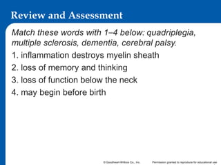 Review and Assessment
Match these words with 1–4 below: quadriplegia,
multiple sclerosis, dementia, cerebral palsy.
1. inflammation destroys myelin sheath
2. loss of memory and thinking
3. loss of function below the neck
4. may begin before birth

© Goodheart-Willcox Co., Inc.

Permission granted to reproduce for educational use

 
