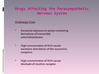 Drugs Affecting the Parasympathetic
           Nervous System

Cholinergic Crisis

    Excessive exposure to sprays containing
     derivatives of irreversible
     anticholinesterase.

    High concentration of ACH causes
     excessive stimulation of the muscarinic
     receptors.

    High concentration of ACH causes
     blockade of nicotinic receptor.
 
