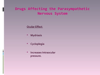 Drugs Affecting the Parasympathetic
           Nervous System


     Ocular Effect

      Mydriasis


      Cycloplegia


      Increases Intraocular
        pressure.
 