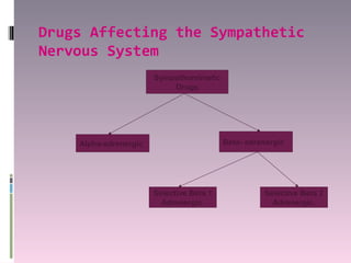 Drugs Affecting the Sympathetic
Nervous System
                       Sympathomimetic
                           Drugs




    Alpha-adrenergic                      Beta- adrenergic




                       Selective Beta 1             Selective Beta 2
                         Adrenergic.                  Adrenergic.
 