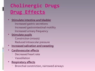 Cholinergic Drugs
 Drug Effects
 Stimulate intestine and bladder
    Increased gastric secretions
    Increased gastrointestinal motility
    Increased urinary frequency
 Stimulate pupils
    Constriction (miosis)
    Reduced intraocular pressure
 Increased salivation and sweating
 Cardiovascular effects
    Decreased heart rate
    Vasodilation
 Respiratory effects
    Bronchial constriction, narrowed airways
 