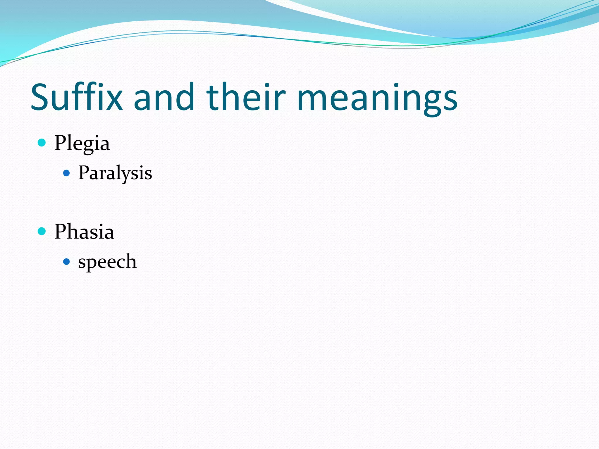 Suffix and their meaningsPlegiaParalysisPhasiaspeech