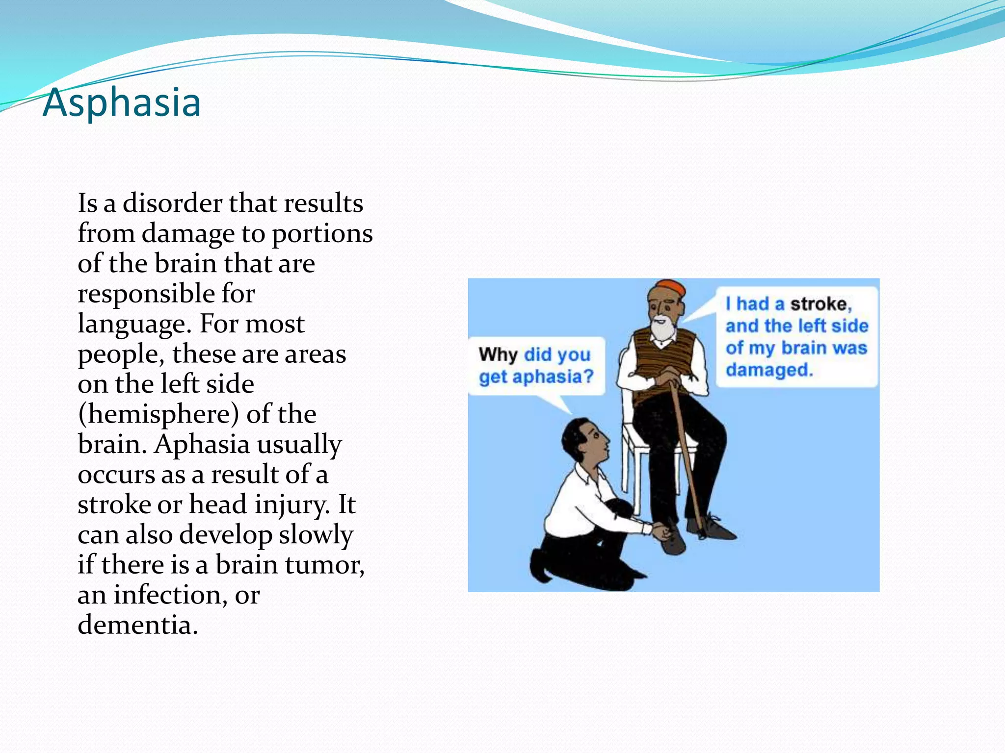 AsphasiaIs a disorder that results from damage to portions of the brain that are responsible for language. For most people, these are areas on the left side (hemisphere) of the brain. Aphasia usually occurs as a result of a stroke or head injury. It can also develop slowly if there is a brain tumor, an infection, or dementia.
