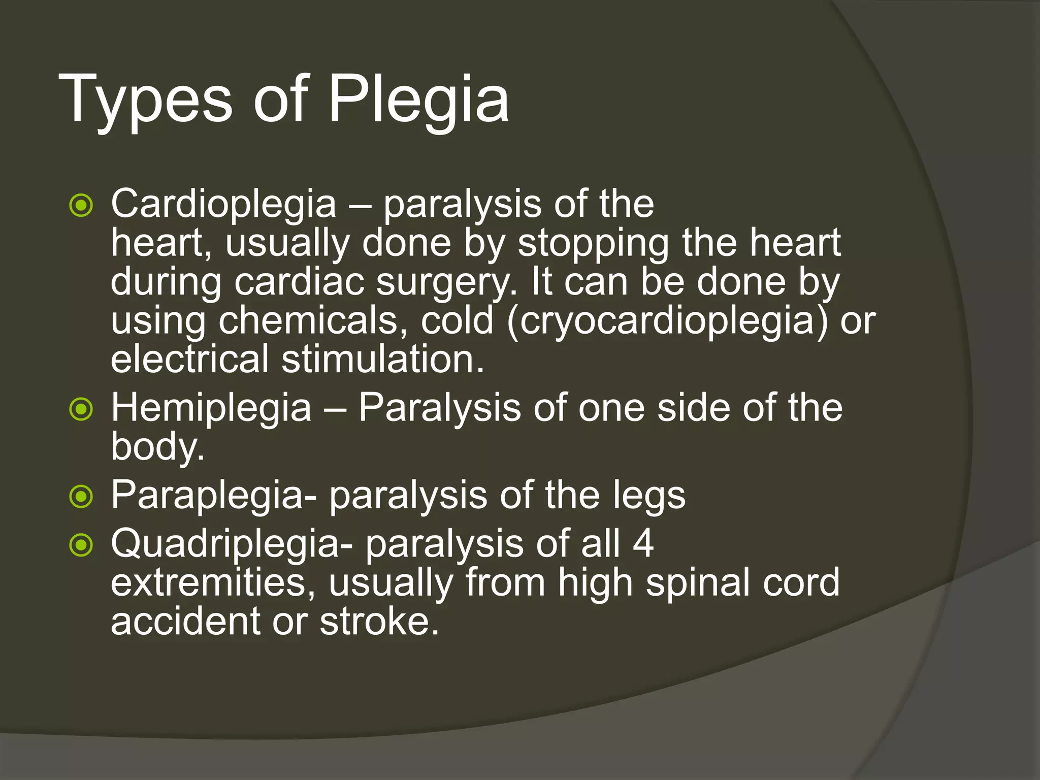Types of PlegiaCardioplegia – paralysis of the heart, usually done by stopping the heart during cardiac surgery. It can be done by using chemicals, cold (cryocardioplegia) or electrical stimulation.Hemiplegia – Paralysis of one side of the body.Paraplegia- paralysis of the legsQuadriplegia- paralysis of all 4 extremities, usually from high spinal cord accident or stroke. 
