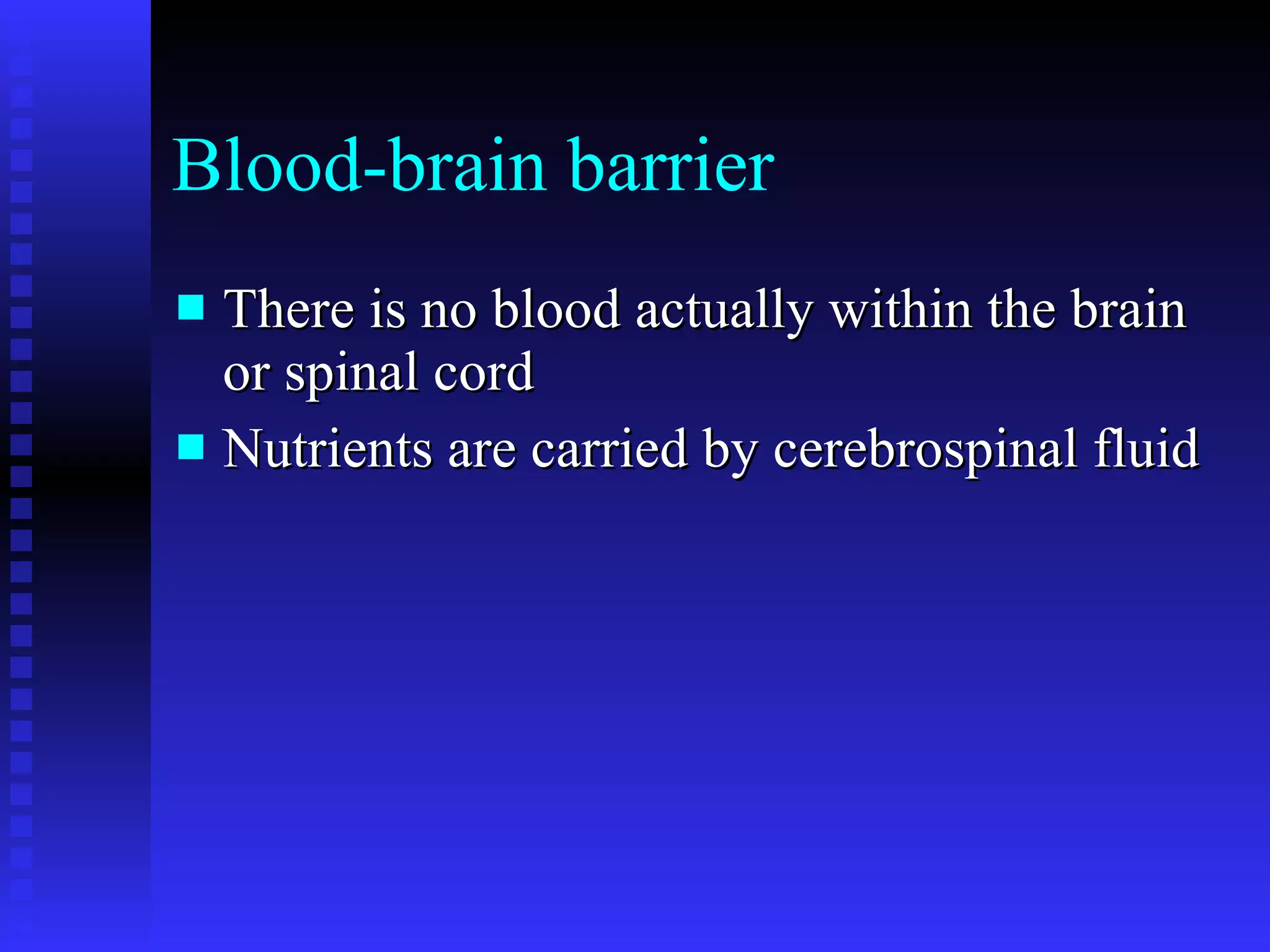 Blood-brain barrier There is no blood actually within the brain or spinal cord Nutrients are carried by cerebrospinal fluid 