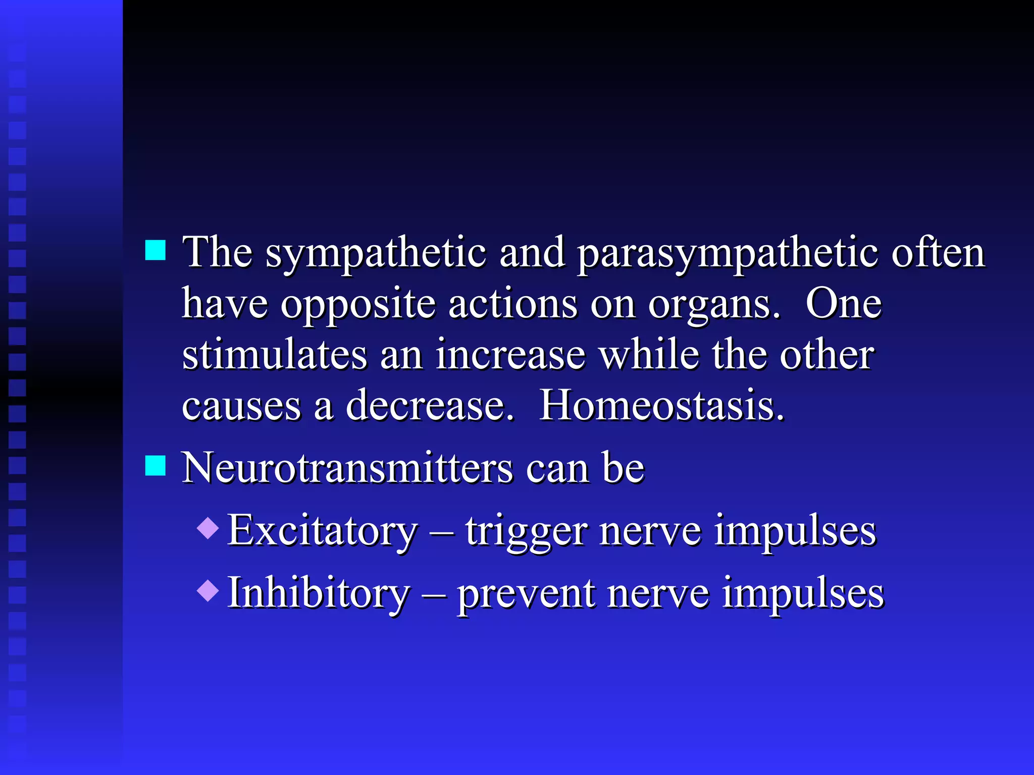 The sympathetic and parasympathetic often have opposite actions on organs.  One stimulates an increase while the other causes a decrease.  Homeostasis. Neurotransmitters can be  Excitatory – trigger nerve impulses Inhibitory – prevent nerve impulses 