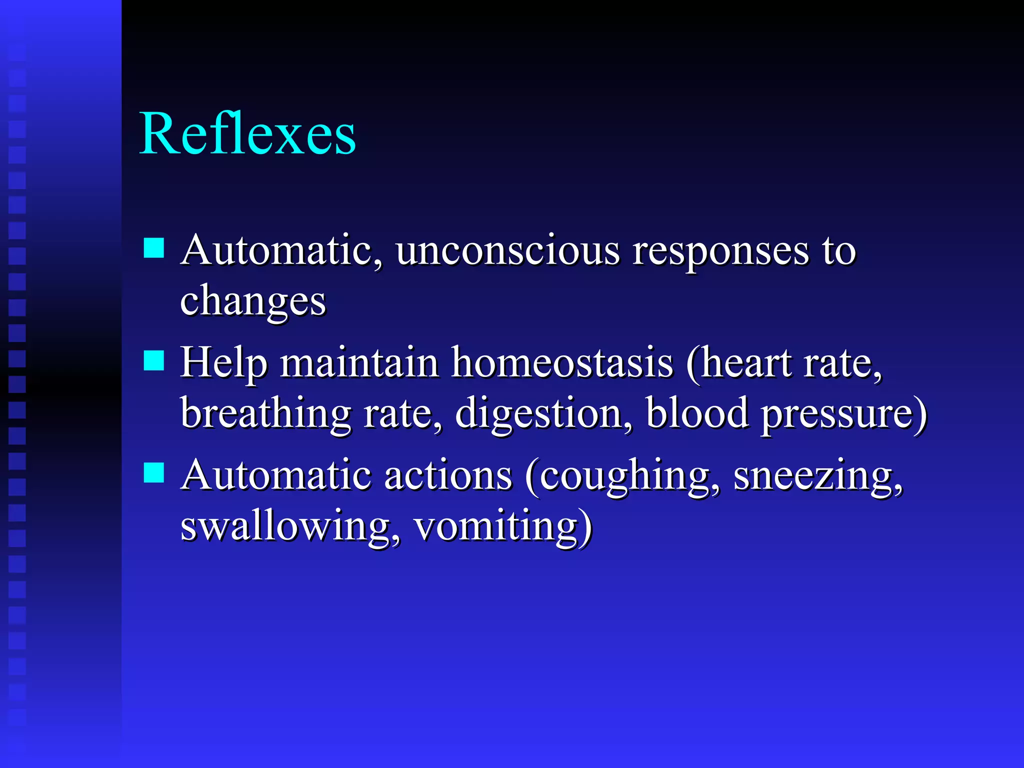 Reflexes  Automatic, unconscious responses to changes Help maintain homeostasis (heart rate, breathing rate, digestion, blood pressure) Automatic actions (coughing, sneezing, swallowing, vomiting) 
