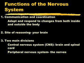 Functions of the Nervous
  System
1. Communication and coordination
    Adapt and respond to changes from both inside
    and outside the body

2. Site of reasoning- your brain

3. Two main divisions
    Central nervous system (CNS): brain and spinal
    cord
    Peripheral nervous system- the nerves
 