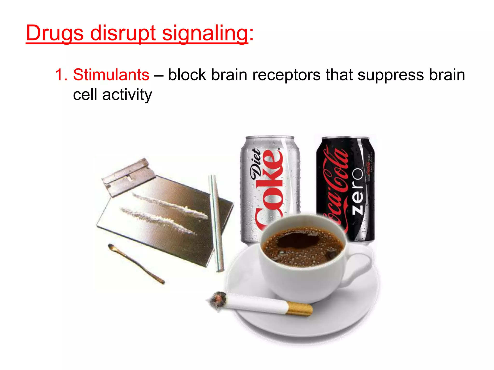 Drugs disrupt signaling:
   1. Stimulants – block brain receptors that suppress brain
      cell activity
 