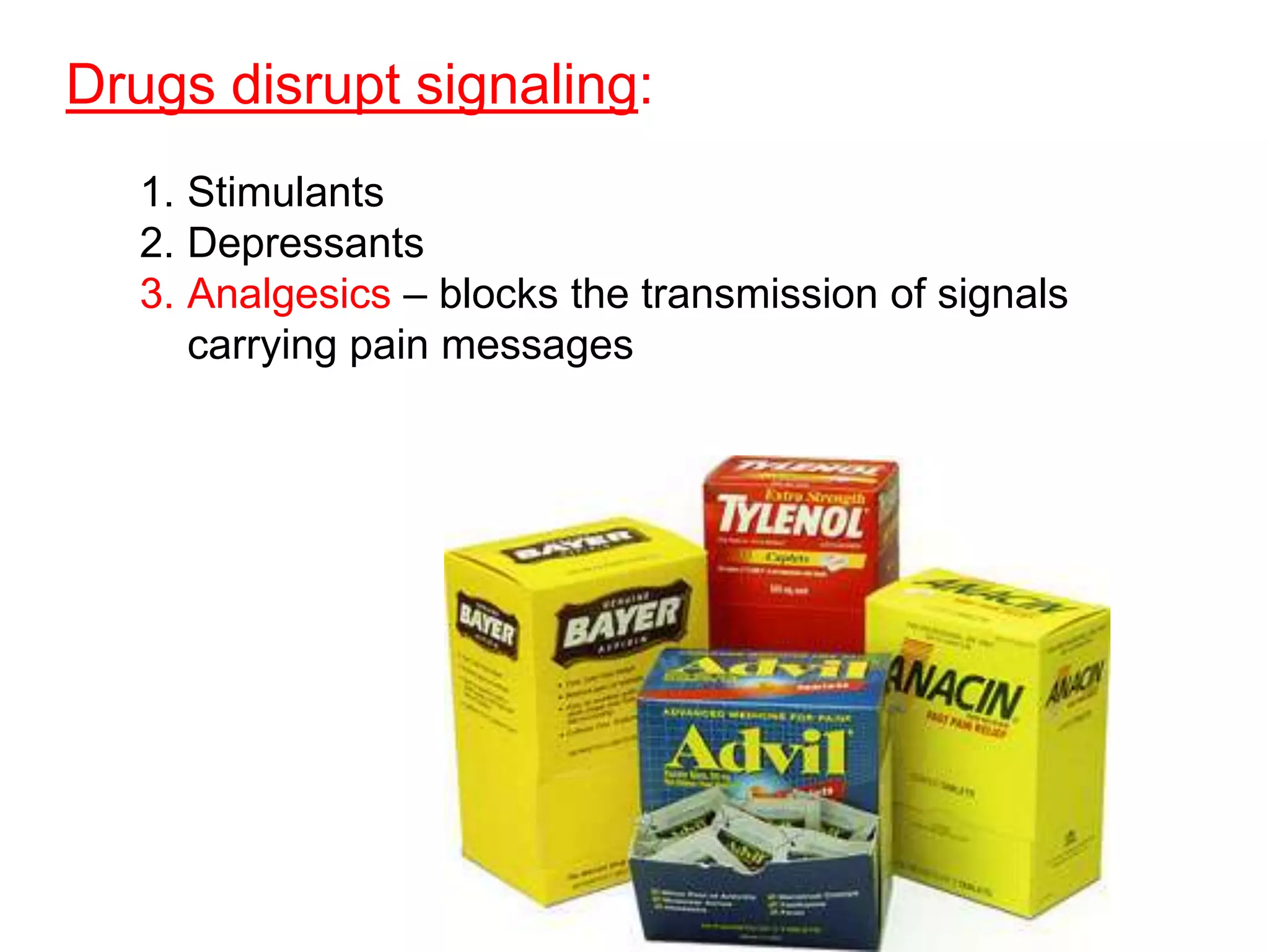 Drugs disrupt signaling:
   1. Stimulants
   2. Depressants
   3. Analgesics – blocks the transmission of signals
      carrying pain messages
 