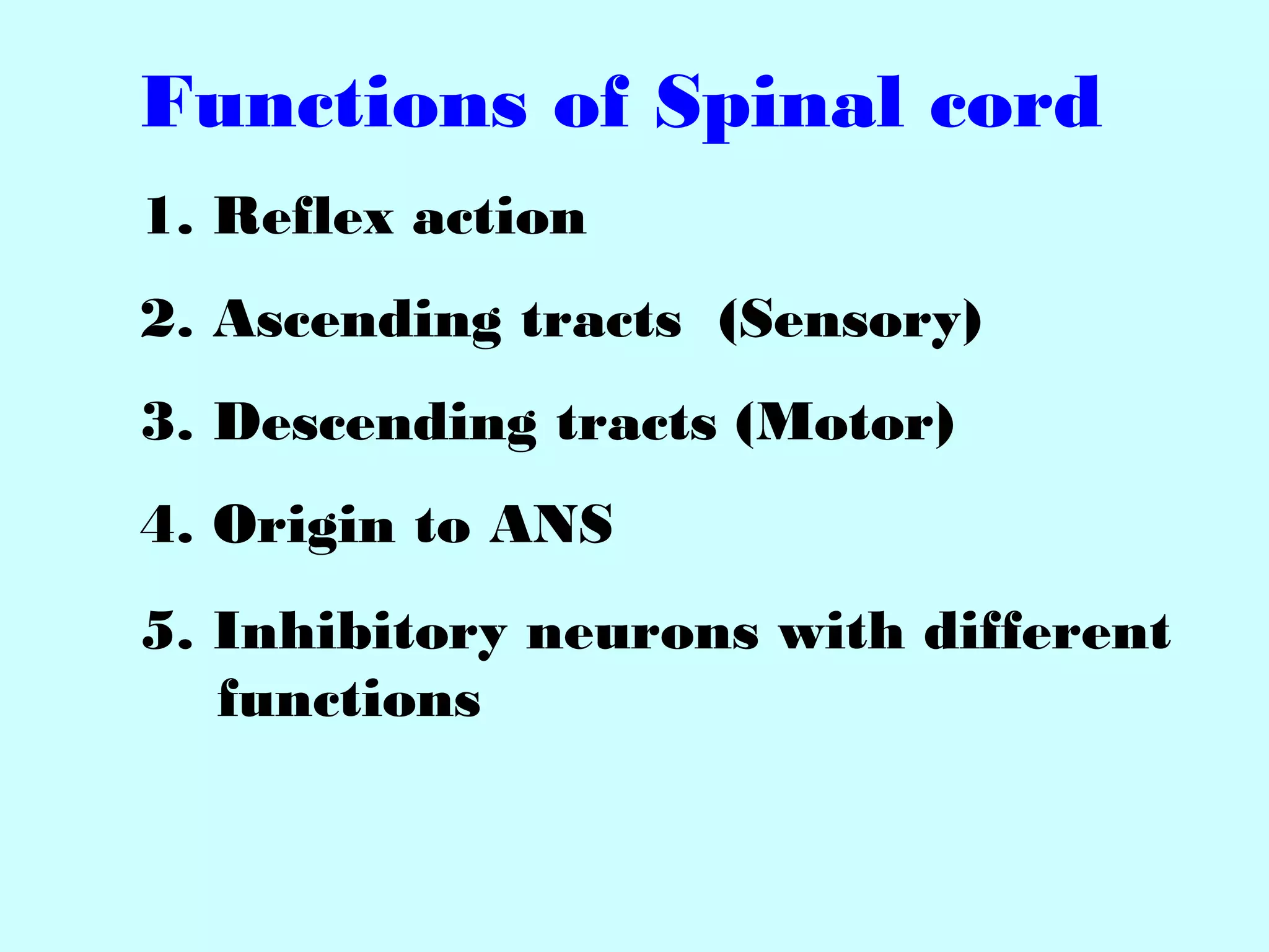 Functions of Spinal cord
1. Reflex action
2. Ascending tracts (Sensory)
3. Descending tracts (Motor)
4. Origin to ANS
5. Inhibitory neurons with different
functions
 