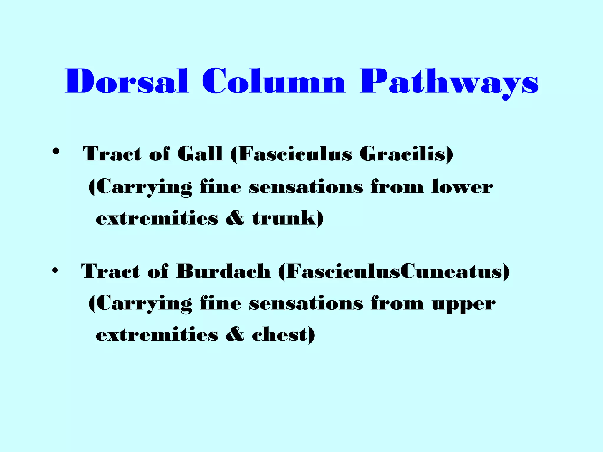 Dorsal Column Pathways
• Tract of Gall (Fasciculus Gracilis)
(Carrying fine sensations from lower
extremities & trunk)
• Tract of Burdach (FasciculusCuneatus)
(Carrying fine sensations from upper
extremities & chest)
 