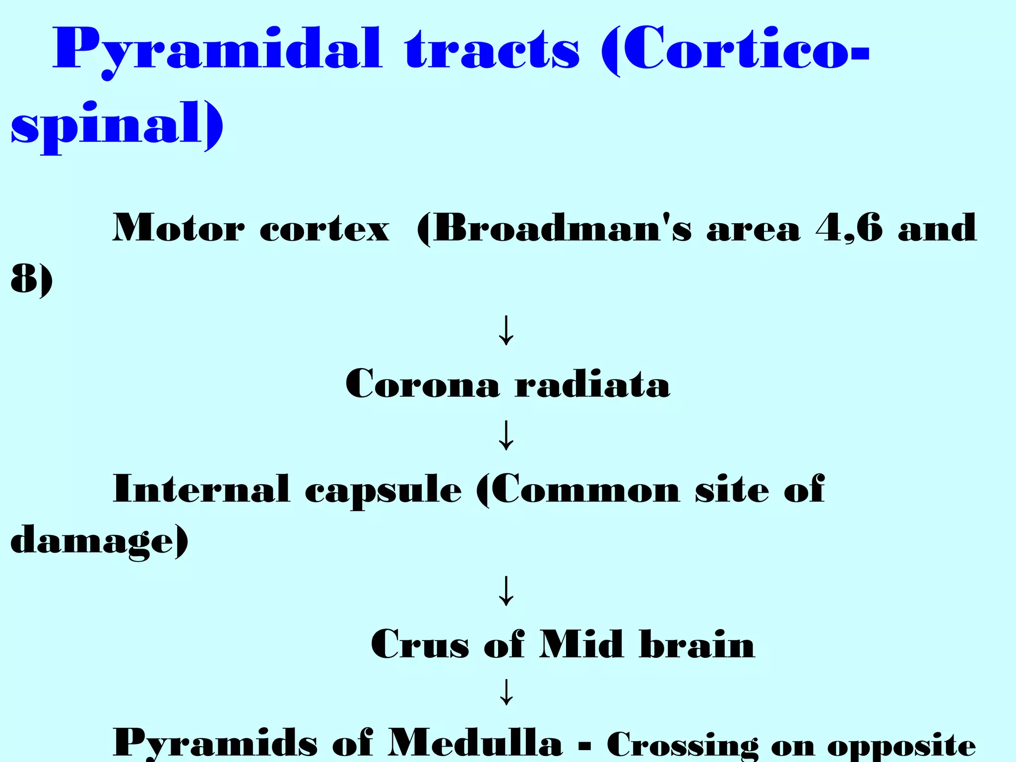Pyramidal tracts (Cortico-
spinal)
Motor cortex (Broadman's area 4,6 and
8)
↓
Corona radiata
↓
Internal capsule (Common site of
damage)
↓
Crus of Mid brain
↓
Pyramids of Medulla - Crossing on opposite
 