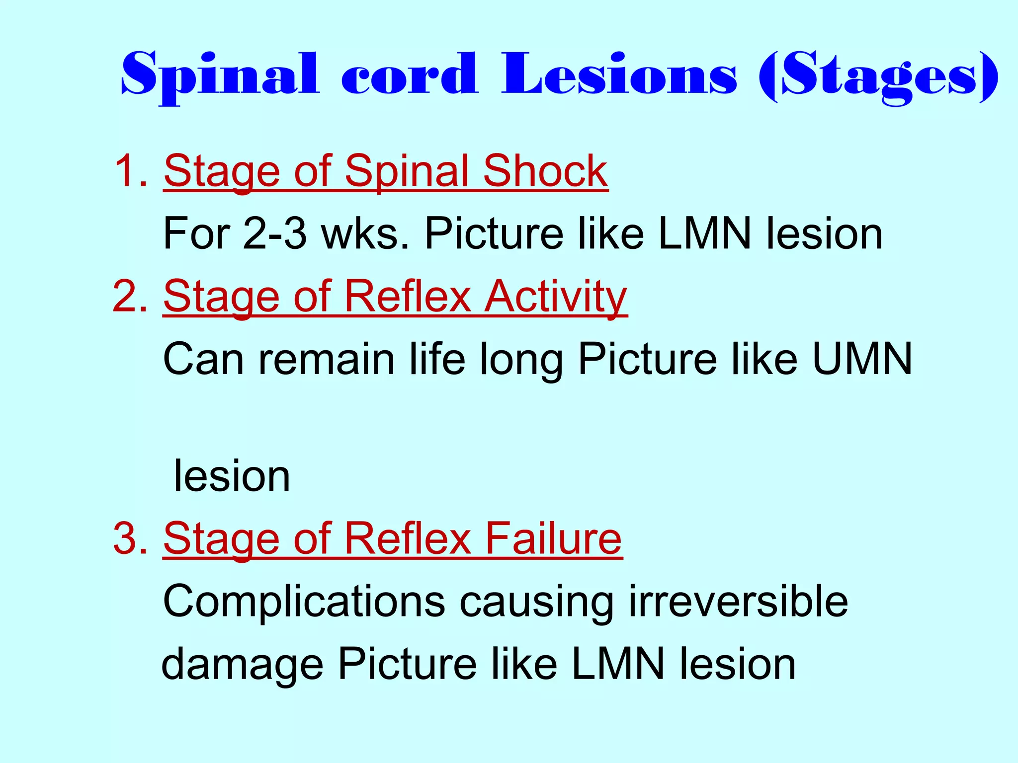 Spinal cord Lesions (Stages)
1. Stage of Spinal Shock
For 2-3 wks. Picture like LMN lesion
2. Stage of Reflex Activity
Can remain life long Picture like UMN
lesion
3. Stage of Reflex Failure
Complications causing irreversible
damage Picture like LMN lesion
 
