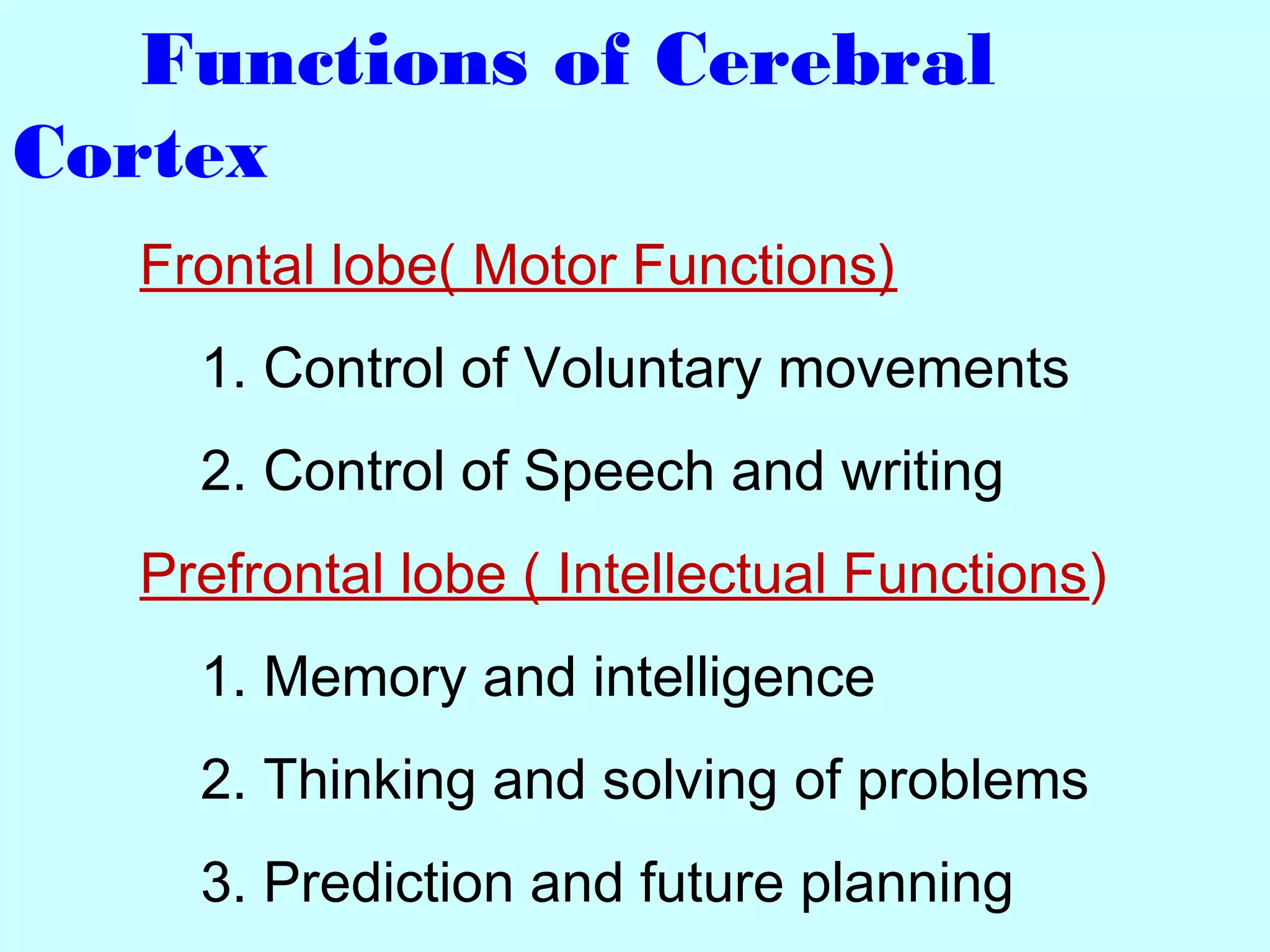 Functions of Cerebral
Cortex
Frontal lobe( Motor Functions)
1. Control of Voluntary movements
2. Control of Speech and writing
Prefrontal lobe ( Intellectual Functions)
1. Memory and intelligence
2. Thinking and solving of problems
3. Prediction and future planning
 