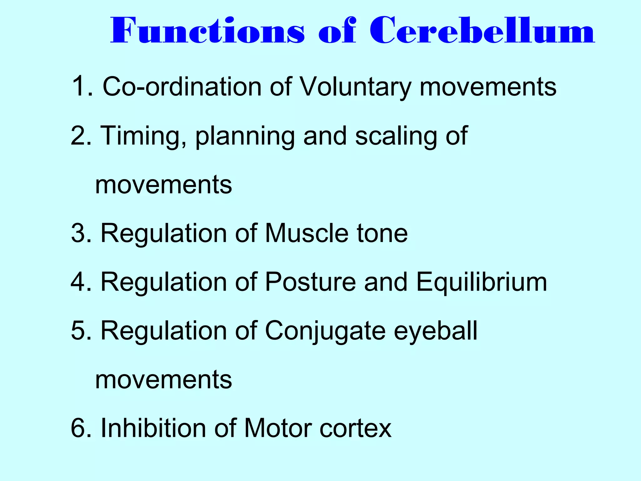 Functions of Cerebellum
1. Co-ordination of Voluntary movements
2. Timing, planning and scaling of
movements
3. Regulation of Muscle tone
4. Regulation of Posture and Equilibrium
5. Regulation of Conjugate eyeball
movements
6. Inhibition of Motor cortex
 