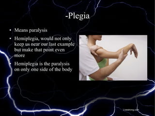 -Plegia
●

●

●

Means paralysis
Hemiplegia, would not only
keep us near our last example
but make that point even
more
Hemiplegia is the paralysis
on only one side of the body

Livestrong.com

 