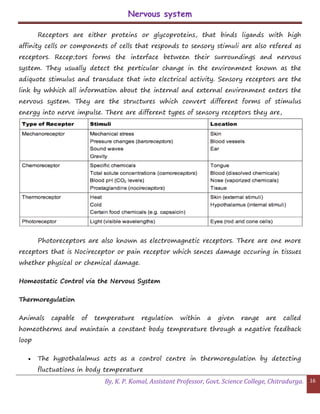 Nervous system
By, K. P. Komal, Assistant Professor, Govt. Science College, Chitradurga. 16
Receptors are either proteins or glycoproteins, that binds ligands with high
affinity cells or components of cells that responds to sensory stimuli are also refered as
receptors. Recep;tors forms the interface between their surroundings and nervous
system. They usually detect the perticular change in the environment known as the
adiquote stimulus and transduce that into electrical activity. Sensory receptors are the
link by whhich all information about the internal and external environment enters the
nervous system. They are the structures which convert different forms of stimulus
energy into nerve impulse. There are different types of sensory receptors they are,
Photoreceptors are also known as electromagnetic receptors. There are one more
receptors that is Nocireceptor or pain receptor which sences damage occuring in tissues
whether physical or chemical damage.
Homeostatic Control via the Nervous System
Thermoregulation
Animals capable of temperature regulation within a given range are called
homeotherms and maintain a constant body temperature through a negative feedback
loop
 The hypothalalmus acts as a control centre in thermoregulation by detecting
fluctuations in body temperature
 