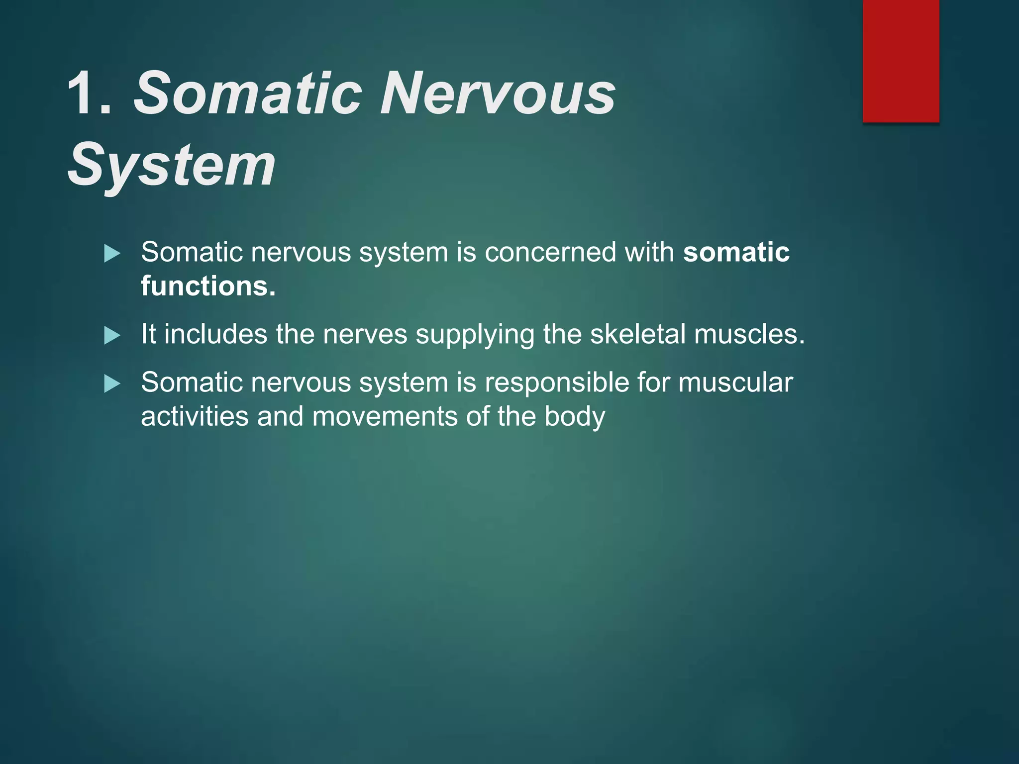 1. Somatic Nervous
System
 Somatic nervous system is concerned with somatic
functions.
 It includes the nerves supplying the skeletal muscles.
 Somatic nervous system is responsible for muscular
activities and movements of the body
 