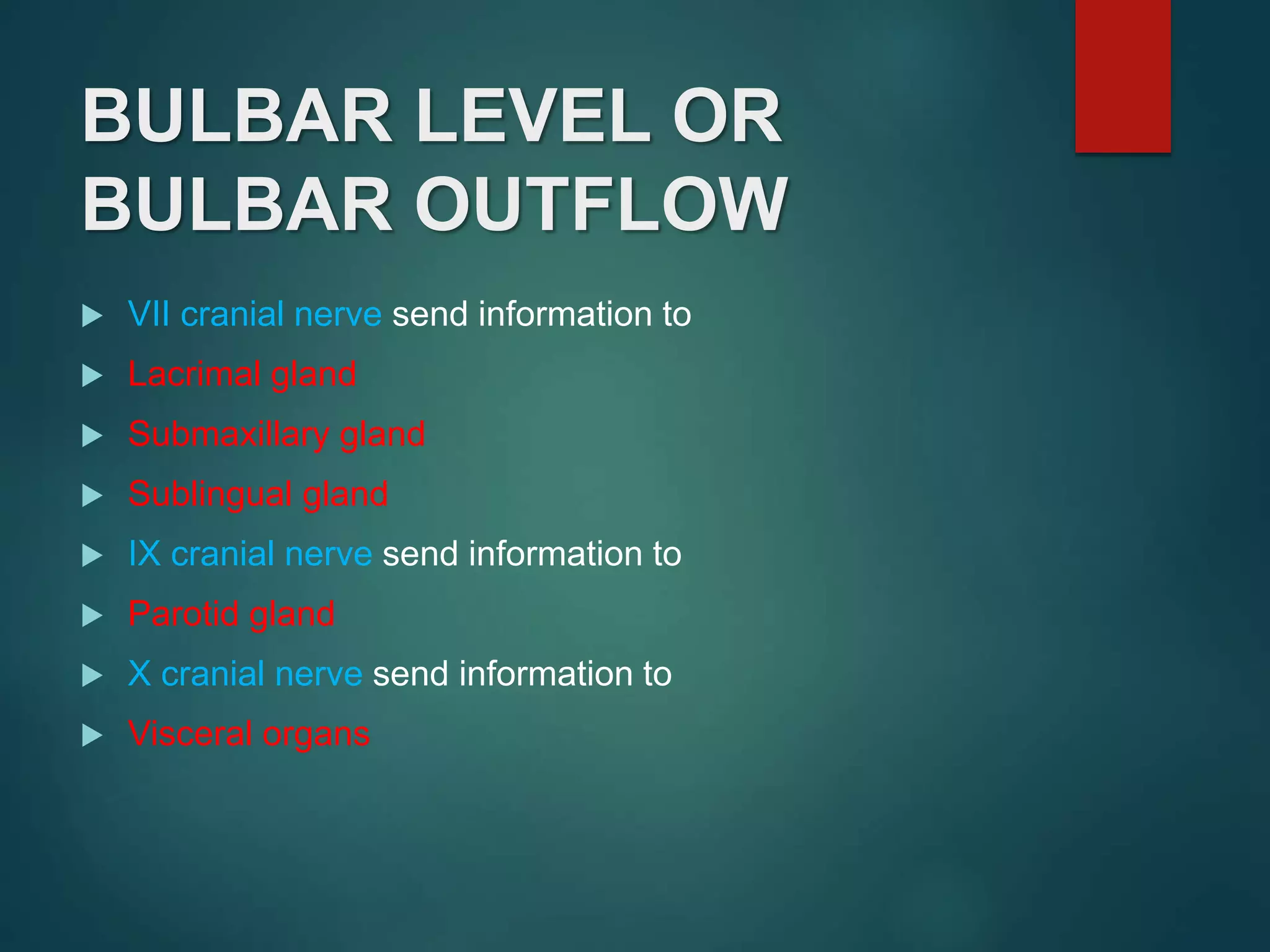 BULBAR LEVEL OR
BULBAR OUTFLOW
 VII cranial nerve send information to
 Lacrimal gland
 Submaxillary gland
 Sublingual gland
 IX cranial nerve send information to
 Parotid gland
 X cranial nerve send information to
 Visceral organs
 