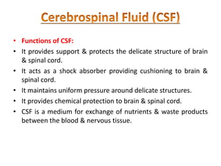 • Functions of CSF:
• It provides support & protects the delicate structure of brain
& spinal cord.
• It acts as a shock absorber providing cushioning to brain &
spinal cord.
• It maintains uniform pressure around delicate structures.
• It provides chemical protection to brain & spinal cord.
• CSF is a medium for exchange of nutrients & waste products
between the blood & nervous tissue.
 