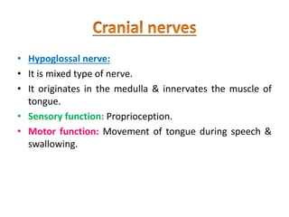 • Hypoglossal nerve:
• It is mixed type of nerve.
• It originates in the medulla & innervates the muscle of
tongue.
• Sensory function: Proprioception.
• Motor function: Movement of tongue during speech &
swallowing.
 