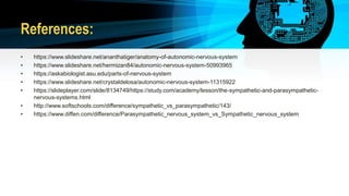 References:
• https://www.slideshare.net/ananthatiger/anatomy-of-autonomic-nervous-system
• https://www.slideshare.net/hermizan84/autonomic-nervous-system-50993965
• https://askabiologist.asu.edu/parts-of-nervous-system
• https://www.slideshare.net/crystaldelosa/autonomic-nervous-system-11315922
• https://slideplayer.com/slide/8134749/https://study.com/academy/lesson/the-sympathetic-and-parasympathetic-
nervous-systems.html
• http://www.softschools.com/difference/sympathetic_vs_parasympathetic/143/
• https://www.diffen.com/difference/Parasympathetic_nervous_system_vs_Sympathetic_nervous_system
 