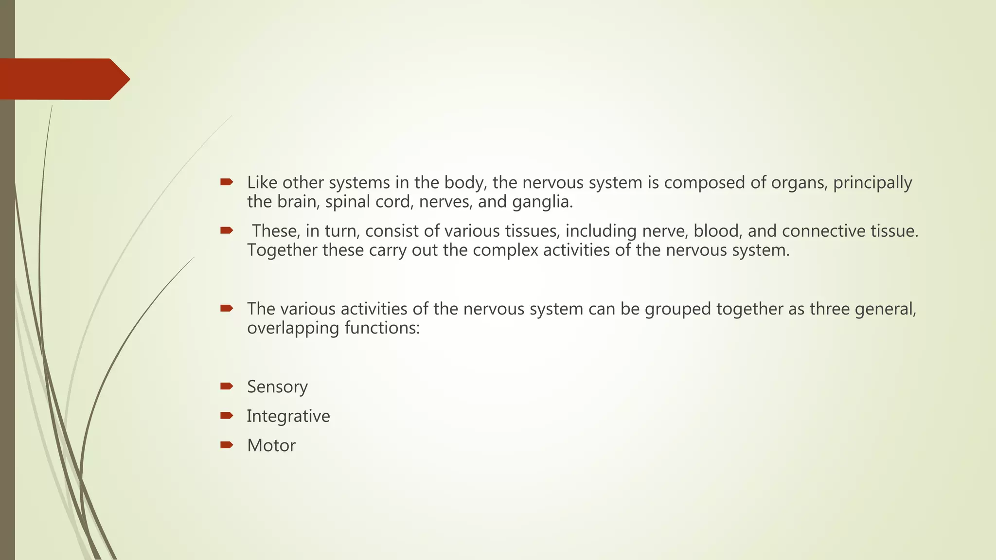  Like other systems in the body, the nervous system is composed of organs, principally
the brain, spinal cord, nerves, and ganglia.
 These, in turn, consist of various tissues, including nerve, blood, and connective tissue.
Together these carry out the complex activities of the nervous system.
 The various activities of the nervous system can be grouped together as three general,
overlapping functions:
 Sensory
 Integrative
 Motor
 