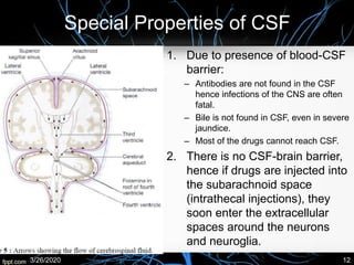 Special Properties of CSF
1. Due to presence of blood-CSF
barrier:
– Antibodies are not found in the CSF
hence infections of the CNS are often
fatal.
– Bile is not found in CSF, even in severe
jaundice.
– Most of the drugs cannot reach CSF.
2. There is no CSF-brain barrier,
hence if drugs are injected into
the subarachnoid space
(intrathecal injections), they
soon enter the extracellular
spaces around the neurons
and neuroglia.
3/26/2020 12
 