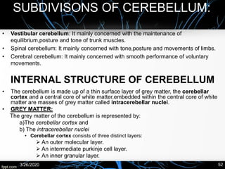 SUBDIVISONS OF CEREBELLUM:
• Vestibular cerebellum: It mainly concerned with the maintenance of
equilibrium,posture and tone of trunk muscles.
• Spinal cerebellum: It mainly concerned with tone,posture and movements of limbs.
• Cerebral cerebellum: It mainly concerned with smooth performance of voluntary
movements.
3/26/2020 52
INTERNAL STRUCTURE OF CEREBELLUM
• The cerebellum is made up of a thin surface layer of grey matter, the cerebellar
cortex and a central core of white matter.embedded within the central core of white
matter are masses of grey matter called intracerebellar nuclei.
• GREY MATTER:
The grey matter of the cerebellum is represented by:
a)The cerebellar cortex and
b) The intracerebellar nuclei
• Cerebellar cortex consists of three distinct layers:
➢ An outer molecular layer.
➢ An intermediate purkinje cell layer.
➢ An inner granular layer.
 