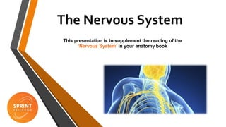 The Nervous System
This presentation is to supplement the reading of the
‘Nervous System’ in your anatomy book
 