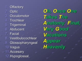 1. Olfactory
2. Optic
3. Occulomotor
4. Trochlear
5. Trigeminal
6. Abducent
7. Facial
8. Vestibulocochlear
9. Glossopharyngeal
10.Vagus
11.Accesary
12.Hypoglossal
Oh, Once One
Takes The
Anatomy Final,
Very Good
Vacations
Appear
Heavenly
 