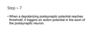 Step – 7
• When a depolarizing postsynaptic potential reaches
threshold, it triggers an action potential in the axon of
the postsynaptic neuron.
 