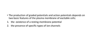 • The production of graded potentials and action potentials depends on
two basic features of the plasma membrane of excitable cells:
1. the existence of a resting membrane potential
2. the presence of specific types of ion channels
 
