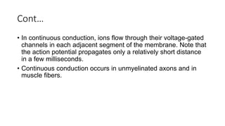 Cont…
• In continuous conduction, ions flow through their voltage-gated
channels in each adjacent segment of the membrane. Note that
the action potential propagates only a relatively short distance
in a few milliseconds.
• Continuous conduction occurs in unmyelinated axons and in
muscle fibers.
 