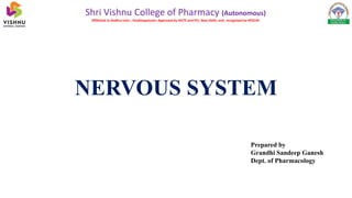 NERVOUS SYSTEM
Shri Vishnu College of Pharmacy (Autonomous)
Affiliated to Andhra Univ., Visakhapatnam; Approved by AICTE and PCI, New Delhi, and recognised by APSCHE
Prepared by
Grandhi Sandeep Ganesh
Dept. of Pharmacology
 