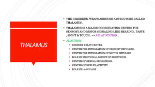 THALAMUS
 THE CEREBRUM WRAPS ARROUND A STRUCTURE CALLED
THALAMUS .
 THALAMUS IS A MAJOR COORDINATING CENTRE FOR
SENSORY AND MOTOR SIGNALING LIKE HEARING , TASTE
, SIGHT & TOUCH . => RELAY STATION .
 FUNCTION :
 SENSORY RELAY CENTER.
 CENTER FOR INTEGRATION OF SENSORY IMPULSES .
 CENTER FOR INTEGRATION OF MOTOR IMPULSES .
 ROLE IN EMOTIONAL ASPECT OF BEHAVIOUR .
 CENTER OF SEXUAL SENSATIONS .
 CENTER OF REFLEX ACTIVITY .
 ROLE IN LANGUAGE .
 