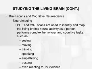STUDYING THE LIVING BRAIN (CONT.)
• Brain scans and Cognitive Neuroscience
– Neuroimaging
• PET and fMRI scans are used to identify and map
the living brain’s neural activity as a person
performs complex behavioral and cognitive tasks,
such as:
– seeing
– moving
– thinking
– speaking
– empathizing
– trusting
– even reacting to TV violence
 