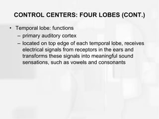 CONTROL CENTERS: FOUR LOBES (CONT.)
• Temporal lobe: functions
– primary auditory cortex
– located on top edge of each temporal lobe, receives
electrical signals from receptors in the ears and
transforms these signals into meaningful sound
sensations, such as vowels and consonants
 
