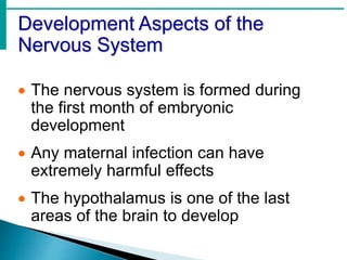 Development Aspects of the
Nervous System
 The nervous system is formed during
the first month of embryonic
development
 Any maternal infection can have
extremely harmful effects
 The hypothalamus is one of the last
areas of the brain to develop
 