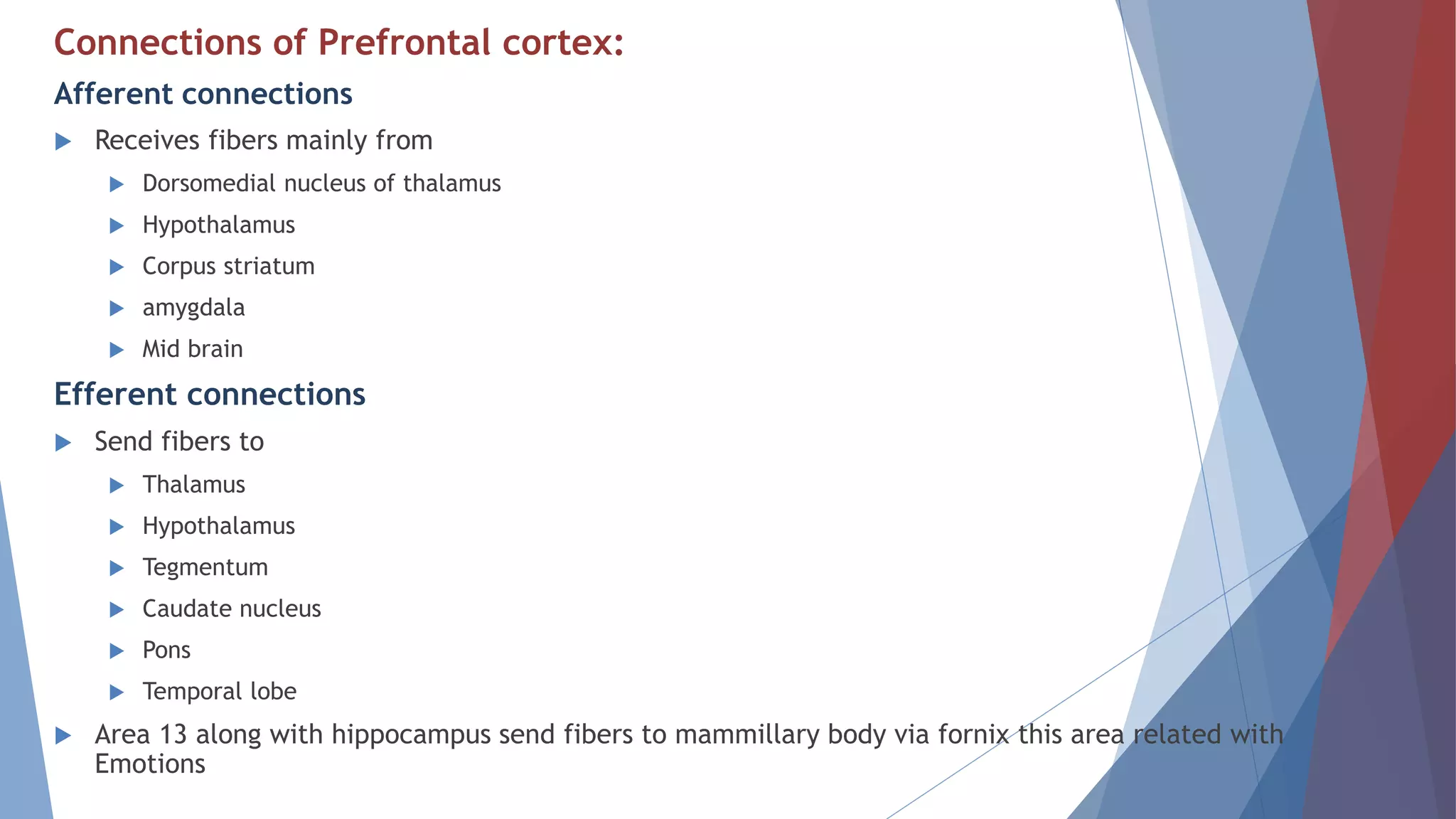 Connections of Prefrontal cortex:
Afferent connections
 Receives fibers mainly from
 Dorsomedial nucleus of thalamus
 Hypothalamus
 Corpus striatum
 amygdala
 Mid brain
Efferent connections
 Send fibers to
 Thalamus
 Hypothalamus
 Tegmentum
 Caudate nucleus
 Pons
 Temporal lobe
 Area 13 along with hippocampus send fibers to mammillary body via fornix this area related with
Emotions
 