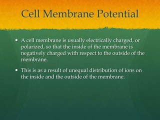 Cell Membrane Potential

 A cell membrane is usually electrically charged, or
  polarized, so that the inside of the memb...