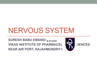 NERVOUS SYSTEM
SURESH BABU EMANDI M.PHARM
VIKAS INSTITUTE OF PHARMACEUTICAL SCIENCES
NEAR AIR PORT, RAJAHMUNDRY-533102.
 