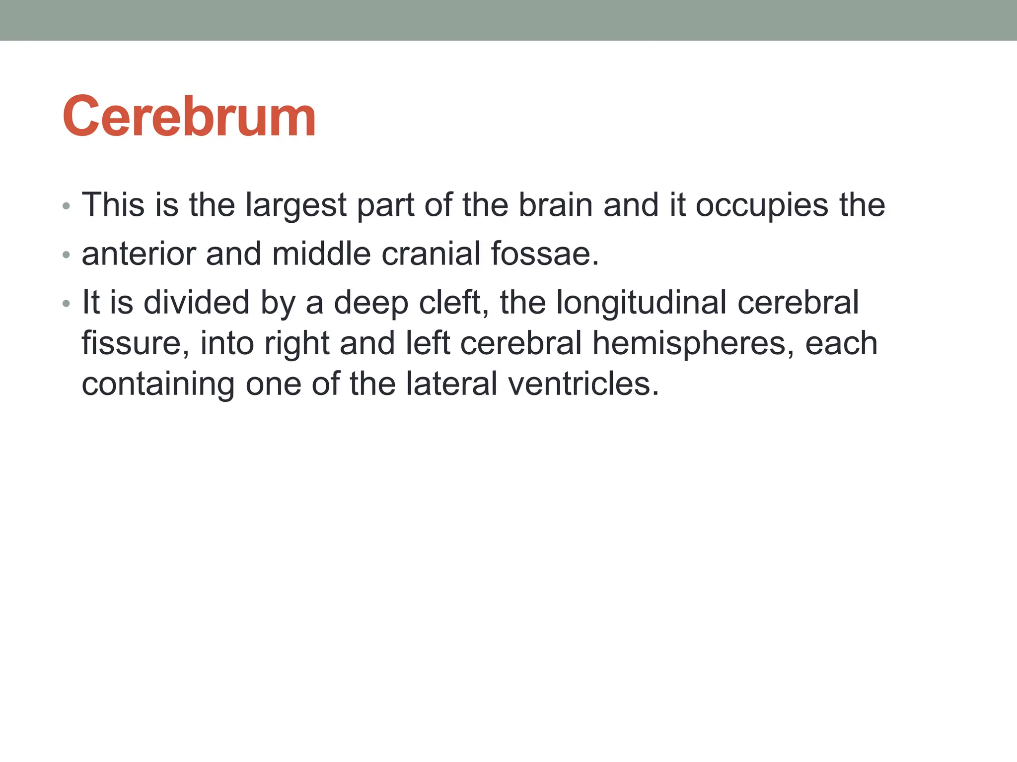 Cerebrum
• This is the largest part of the brain and it occupies the
• anterior and middle cranial fossae.
• It is divided by a deep cleft, the longitudinal cerebral
fissure, into right and left cerebral hemispheres, each
containing one of the lateral ventricles.
 